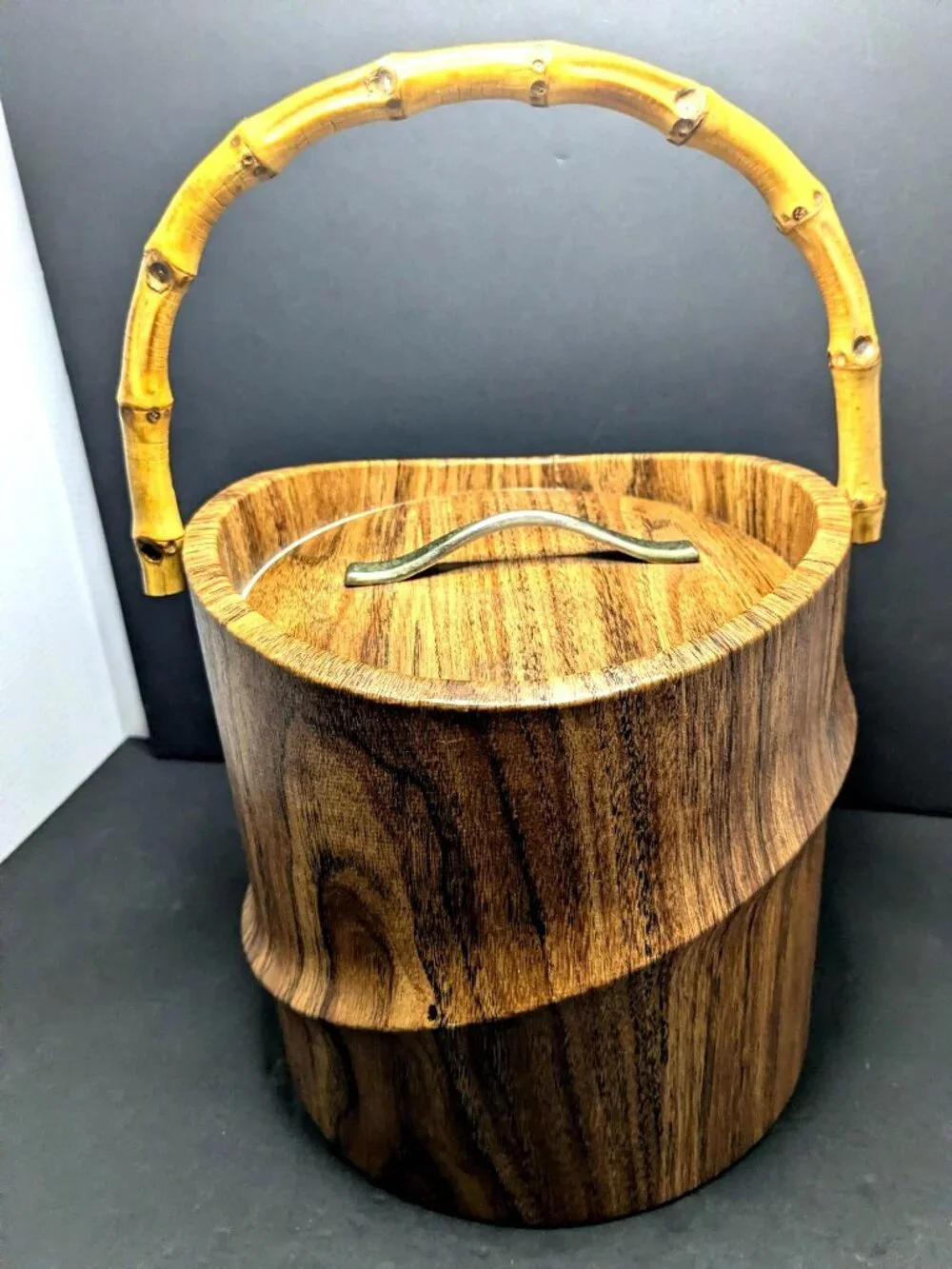 Vtg. Bamboo Handle Faux Wood Ice Bucket by Kraftware MCM Tiki Barware Kitch